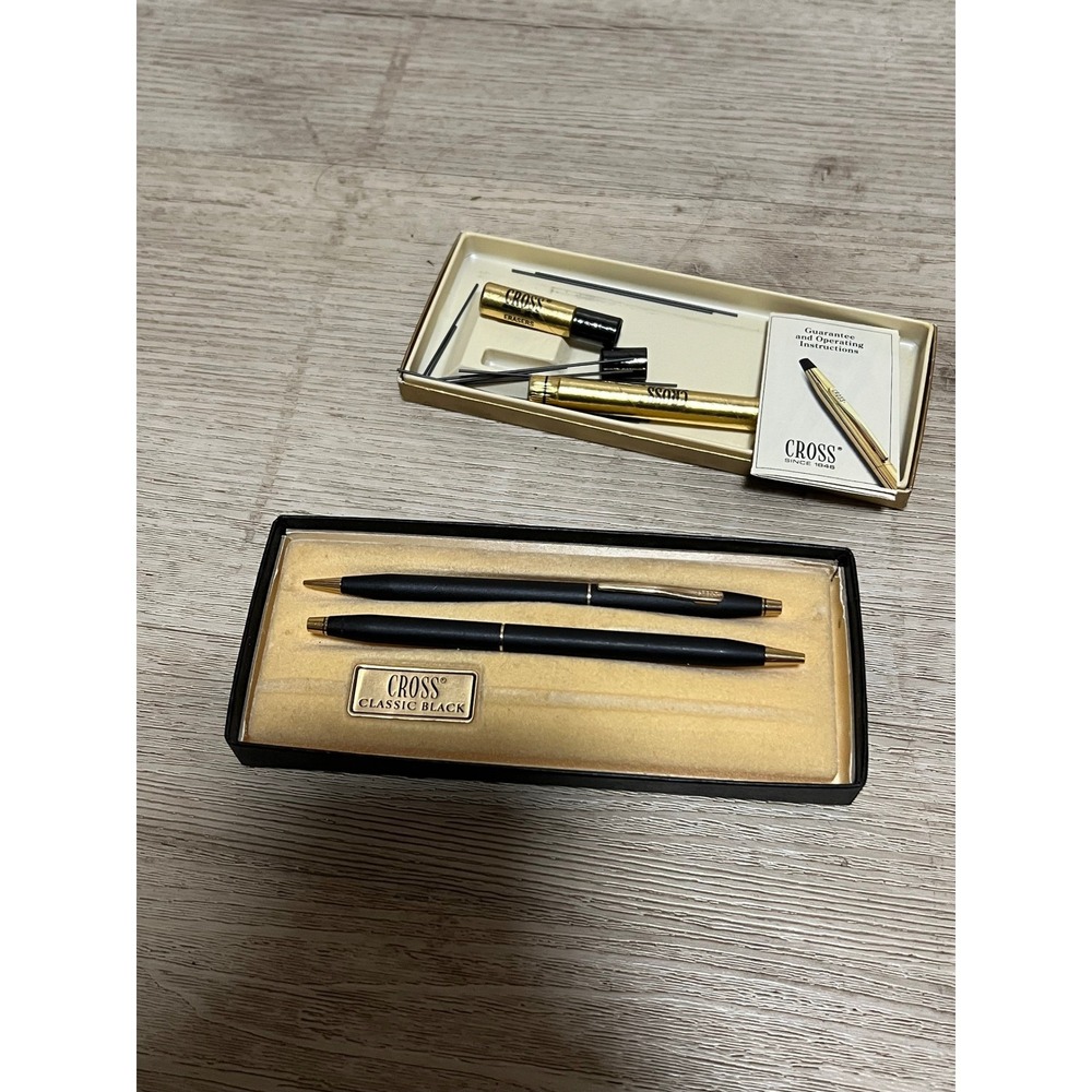 Cross Classic Black Pen and Pencil Set Matte Gold Trim Vintage with Box Refills